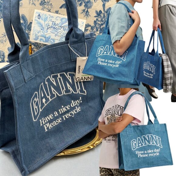 🆕 GANNI 🧿 NWT Large Easy Shopper, Blue Denim & White Embroidery - Picture 1 of 11